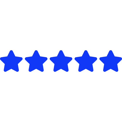 Five blue stars in a row with the words 'Customer Rating' above, indicating a five-star review score.