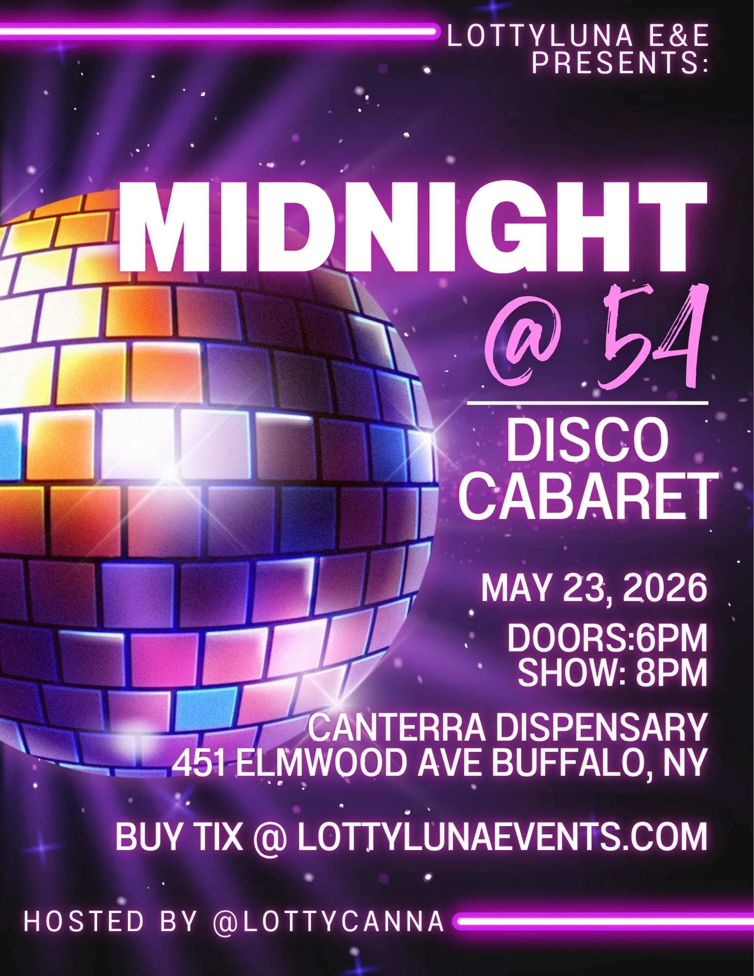 Flyer for a nightclub event featuring a colorful disco ball, with event details including date, time, location, and ticket information.
