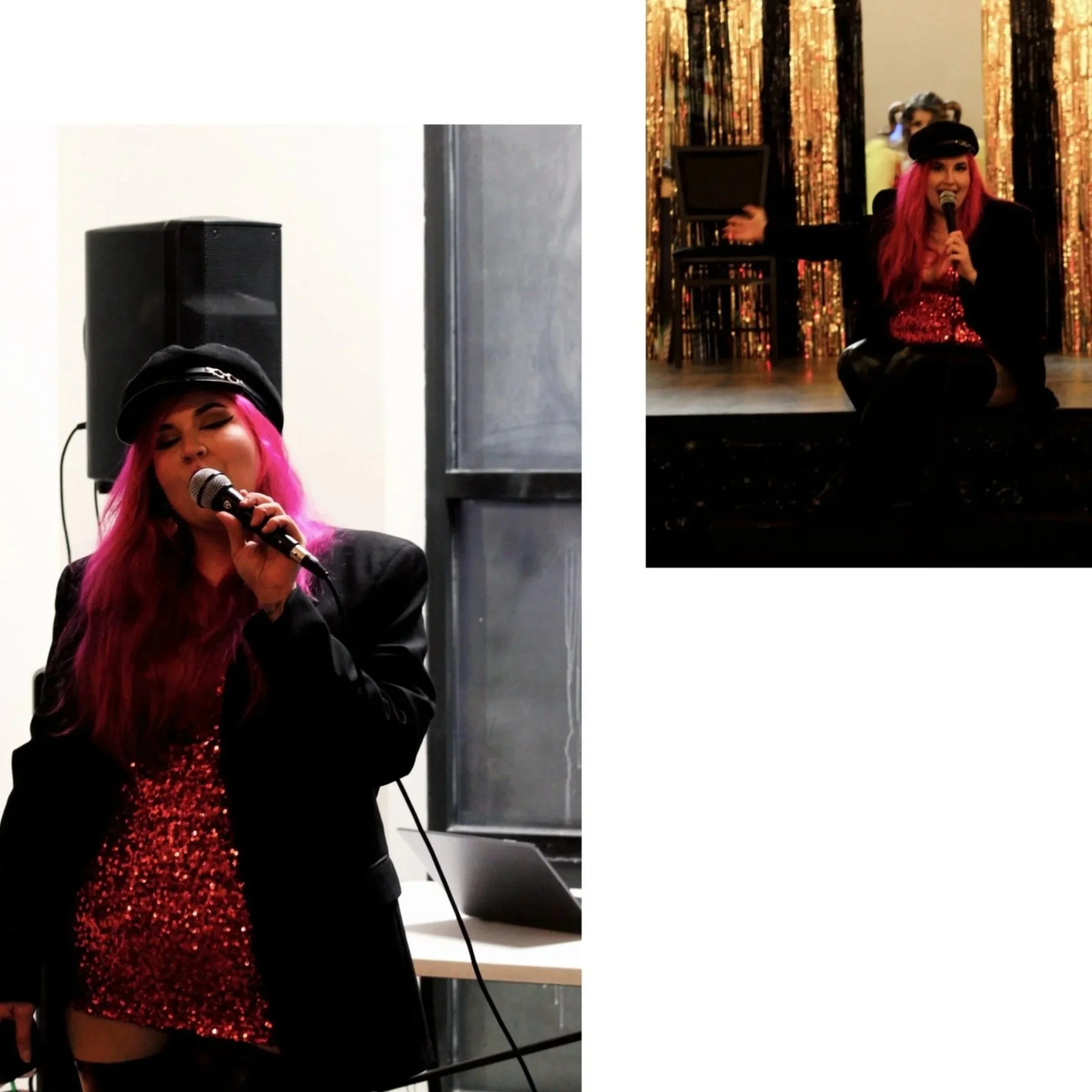 Woman with pink hair singing into a microphone, wearing a black hat and a red sequined dress, in front of a speaker and a window.