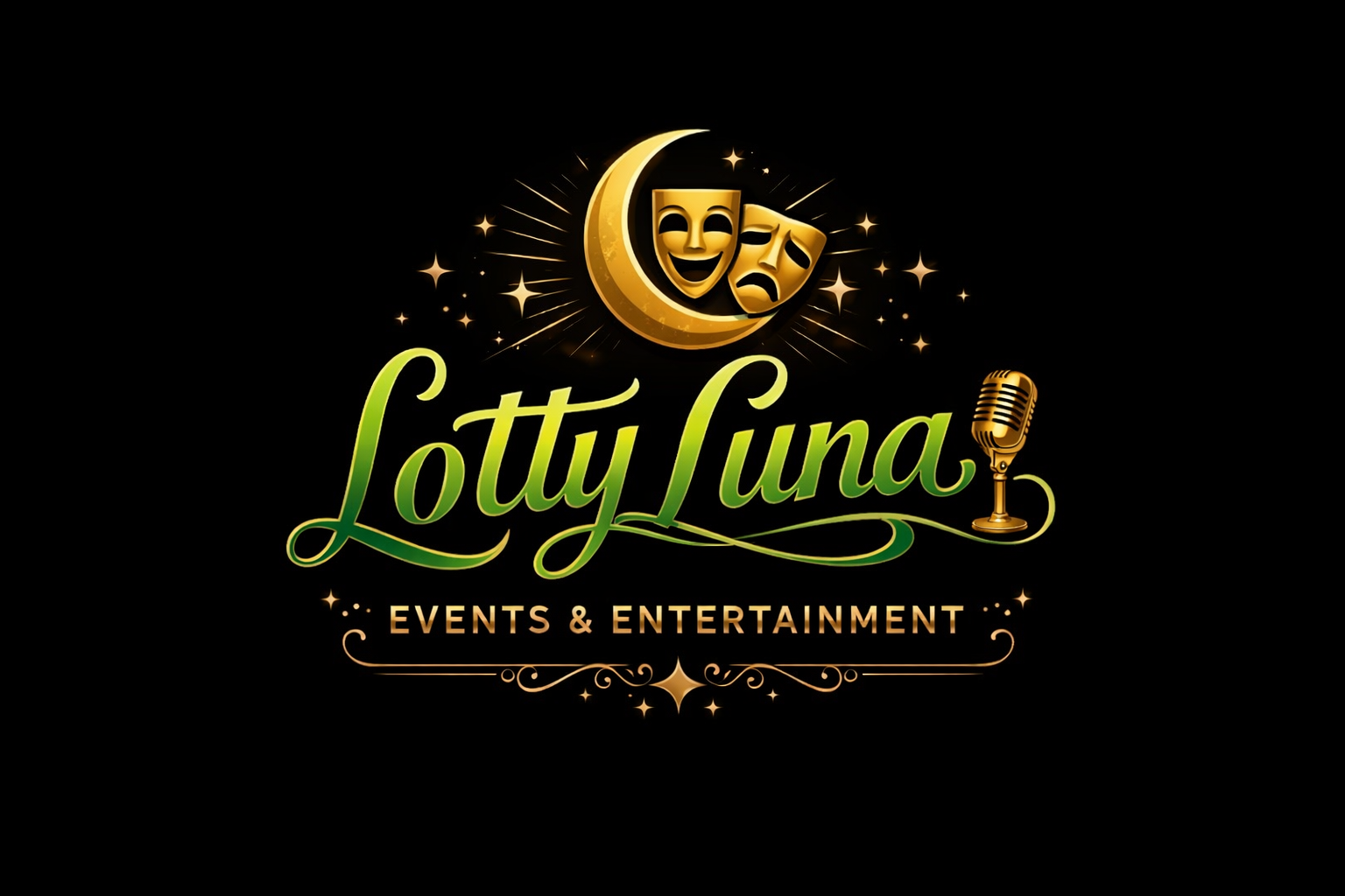 Logo for Lotty Luna Events & Entertainment featuring a crescent moon with comedy and tragedy masks, a vintage microphone, stars, and elegant gold and green text.