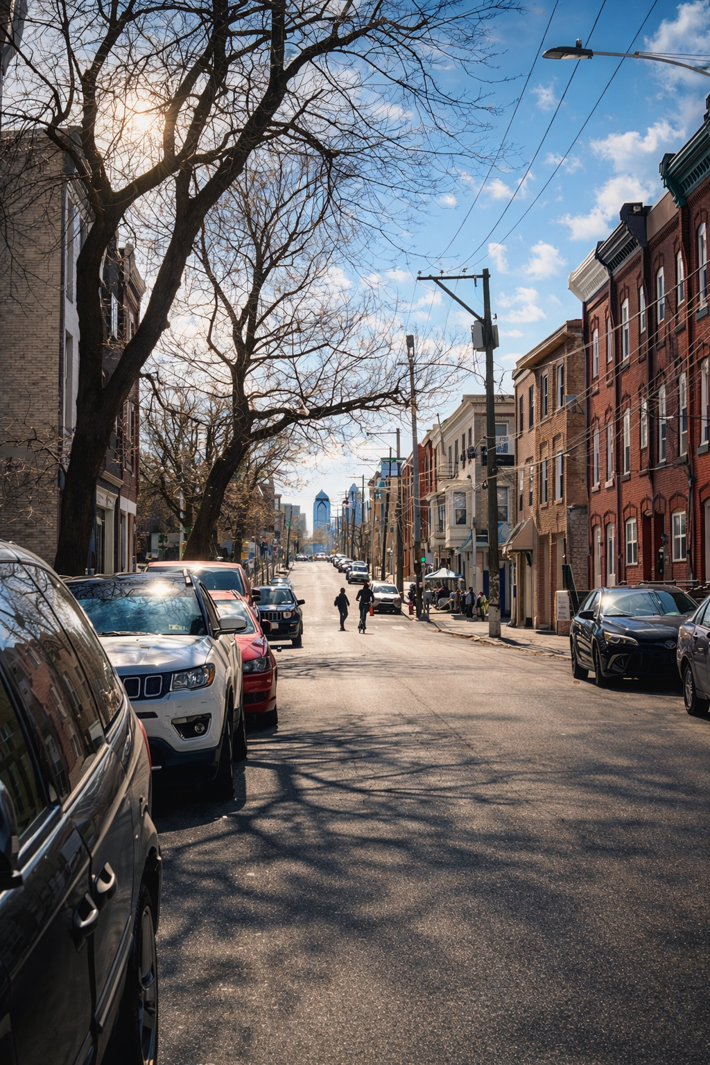 A city street scene with parked cars on both sides, leafless trees lining the sidewalk, pedestrians walking, and a clear blue sky with some clouds. A tall building is visible in the distance.