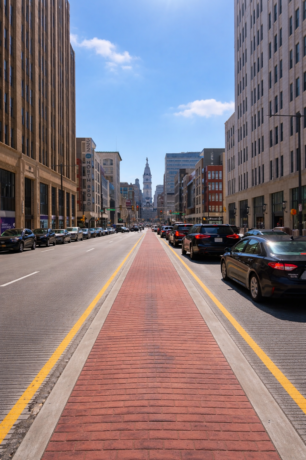 City street in Philadelphia with cars parked on both sides, tall buildings lining the street, and City Hall's clock tower in the distance under a blue sky.