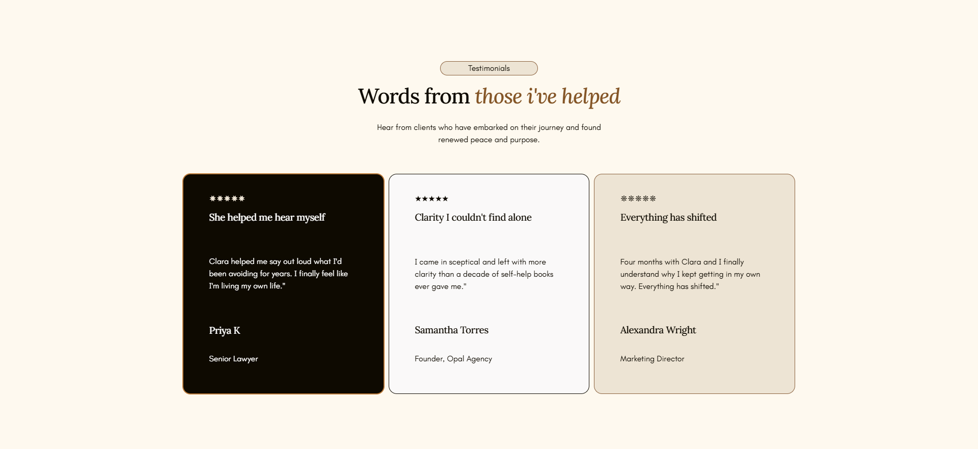 Testimonials section with three client reviews, each in a colored box, featuring star ratings, quotes, and client details on a light beige background.