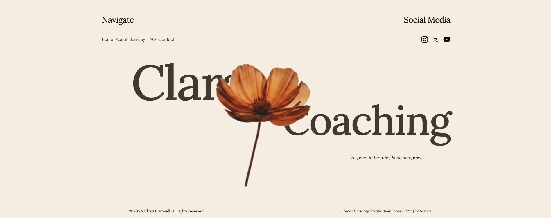 A website homepage for Clara Coaching featuring a beige background, menu options, and a large orange flower overlaying the text 'Clara Coaching' with a tagline below.