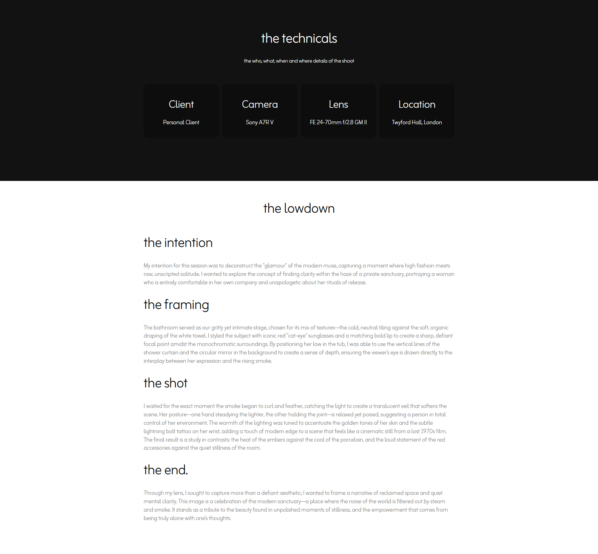 Webpage displaying technical details and descriptive text about a photo shoot, including client, camera, lens, and location, with sections titled "the lowdown," "the intention," "the framing," "the shot," and "the end."