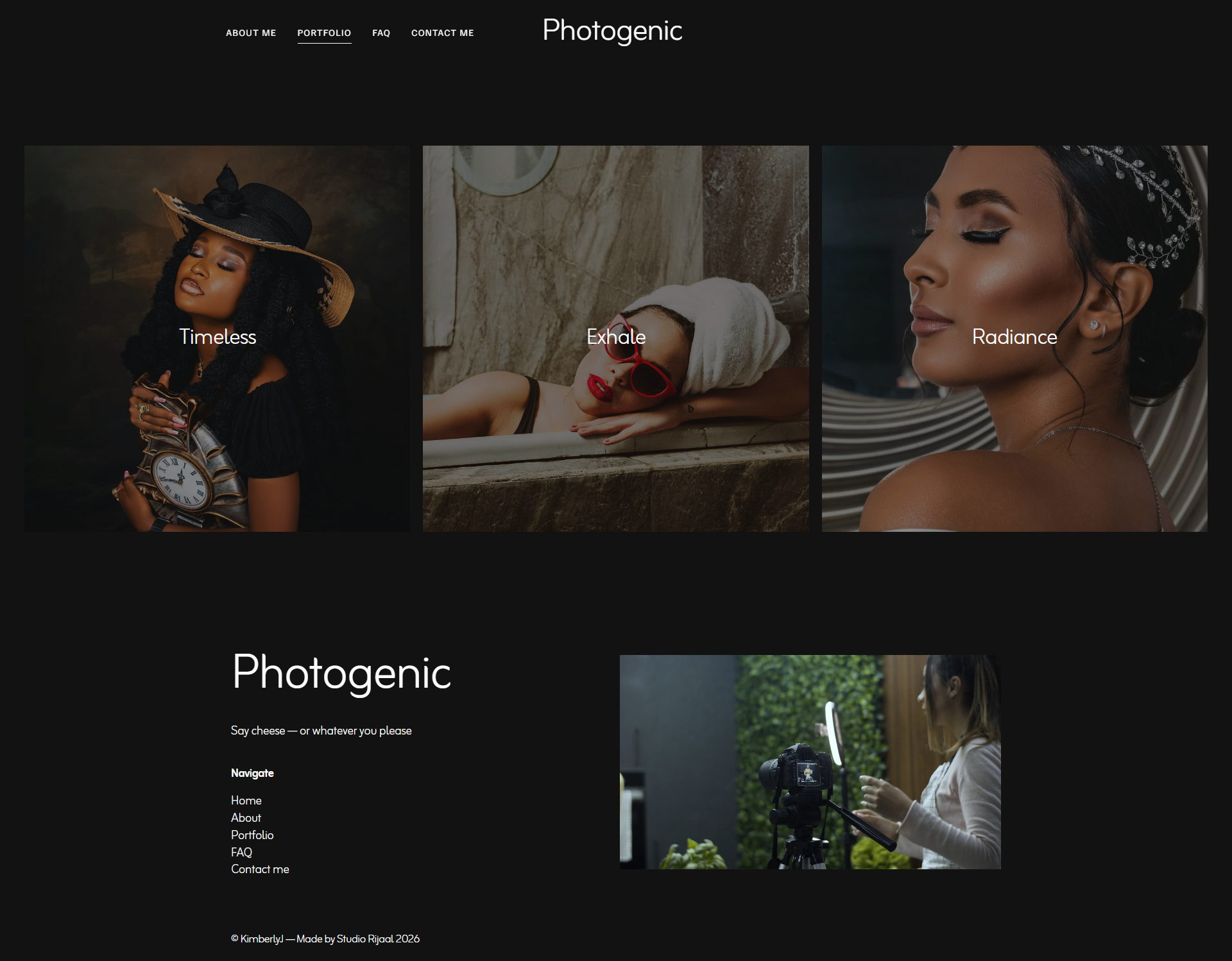 Website homepage for Photogenic with a black background, featuring three images of women with captions "Timeless," "Exhale," and "Radiance." The site menu includes About Me, Portfolio, FAQ, and Contact Me. Additional content shows a woman with a came