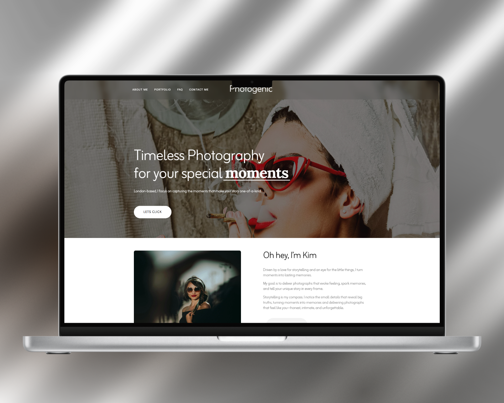 Computer monitor displaying a photography website with a woman wearing sunglasses and a white towel, along with text promoting timeless photography for special moments.