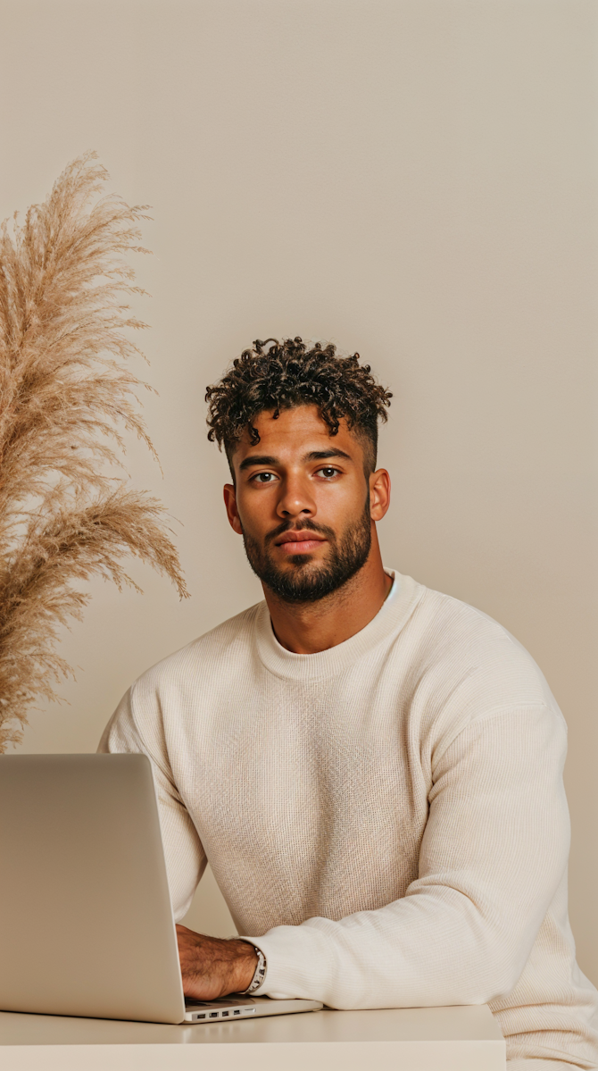 A young man with curly hair and a beard sitting at a desk with a laptop, wearing a cream-colored sweater, in front of a beige wall with decorative pampas grass.