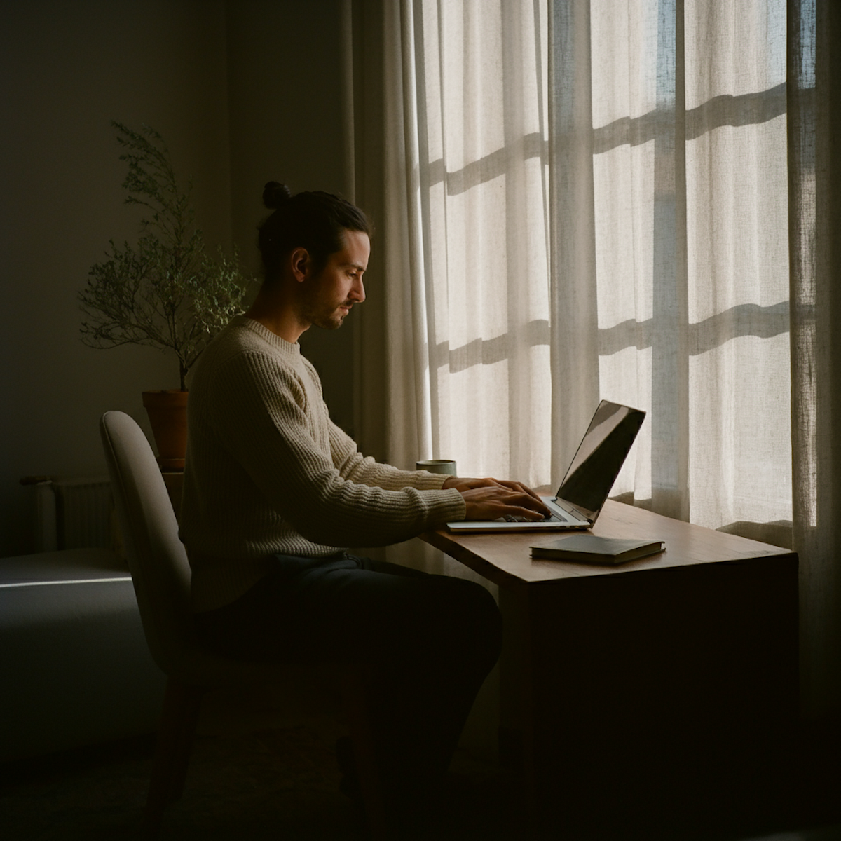 A man sitting at a wooden desk working on a laptop, with a potted plant behind him and curtains covering a window letting in soft natural light.