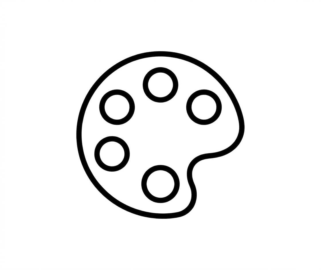 Black and white outline of a painter's palette with six circular paint wells.