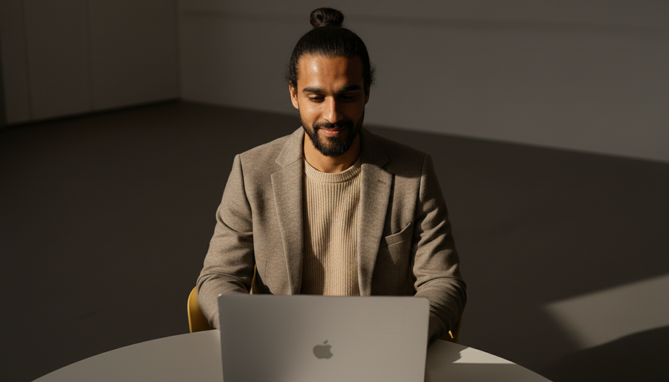 A man with a beard and man bun wearing a beige blazer and sweater sitting at a white table, looking at an open laptop.