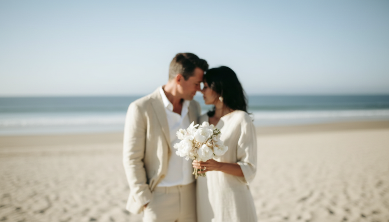 A couple dressed in white on a beach, with the woman holding a white flower bouquet, and their foreheads touching.