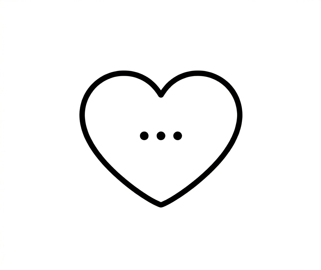 A simple black outline drawing of a heart with three small dots inside it.