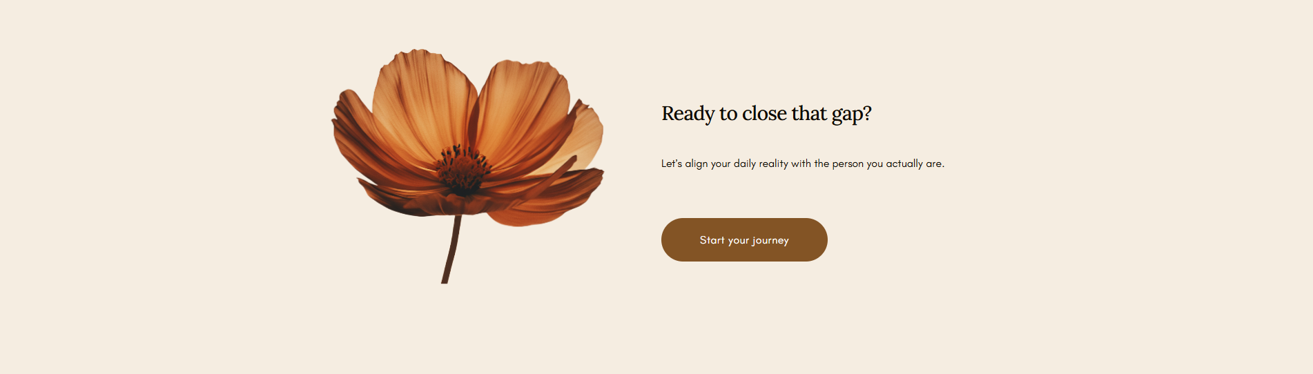 A website homepage featuring a large orange flower on the left, with black text on the right that says "Ready to close that gap?" and smaller text underneath, along with a brown button labeled "Start your journey" on a beige background.
