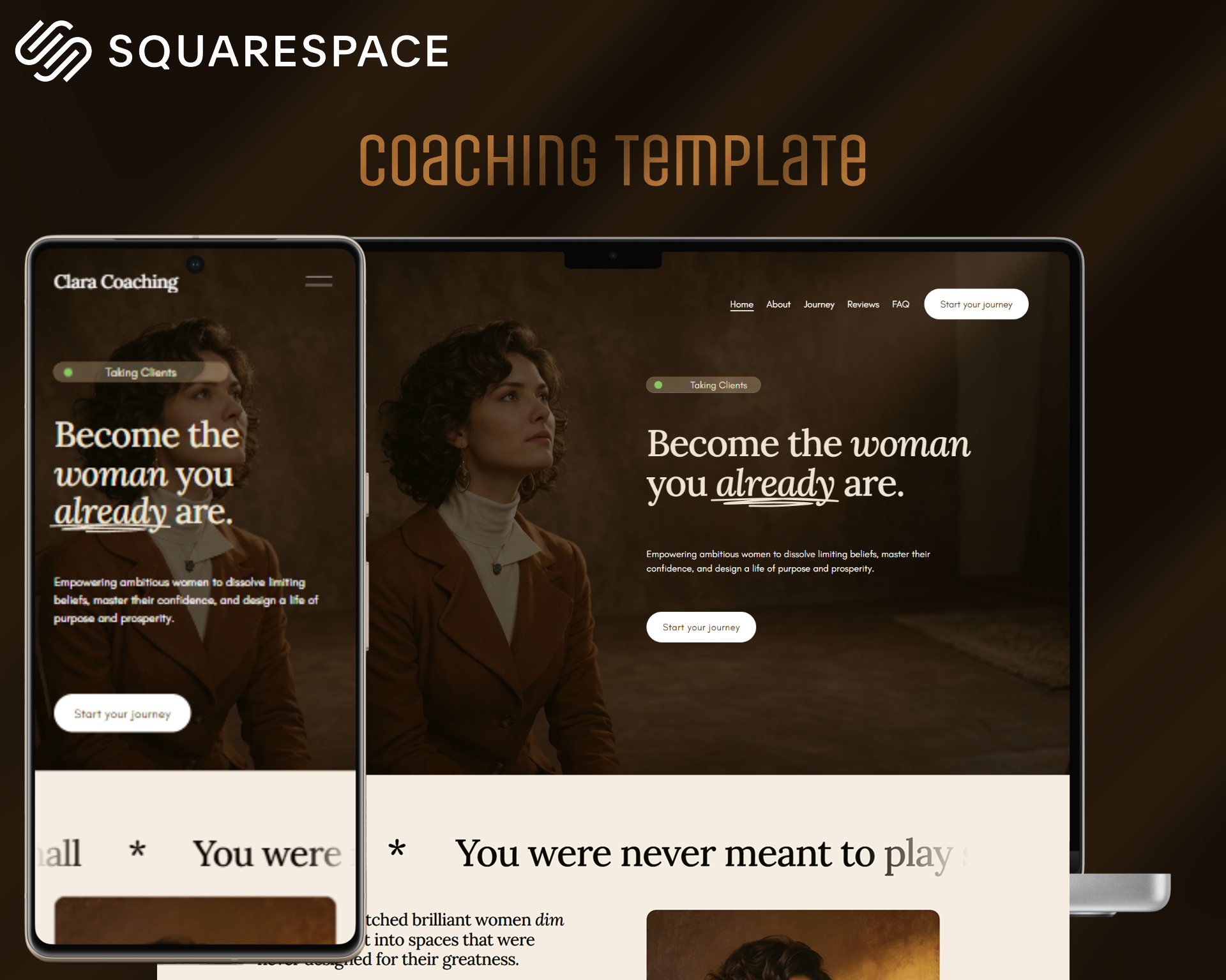 Clara Squarespace coaching template mockup shown on laptop and mobile devices. A sophisticated website design for coaches and virtual assistants, featuring an 'About Me' and 'Services' menu, bold hero typography, and a clear call-to-action to book.