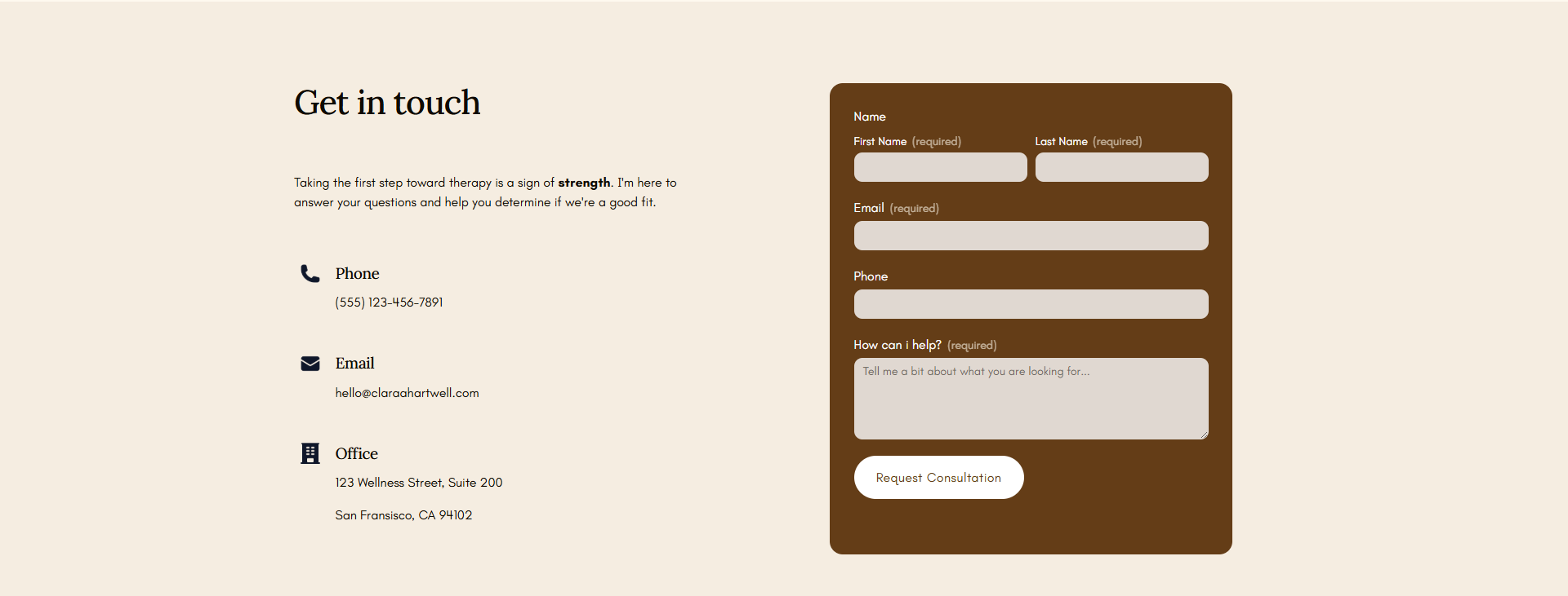 Contact form webpage with 'Get in touch' heading, showing phone, email, and office address on the left, and a brown contact form on the right with fields for name, email, phone, and a message, along with a 'Request Consultation' button.