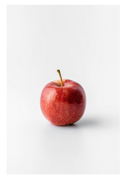 A red apple with a small stem on a white background.