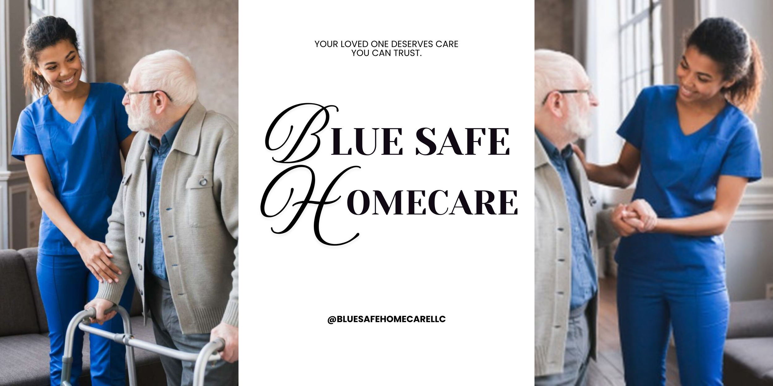 A senior man with a walker talking to a young female caregiver in blue scrubs, smiling and holding his arm, in a home setting with large windows and natural light.
