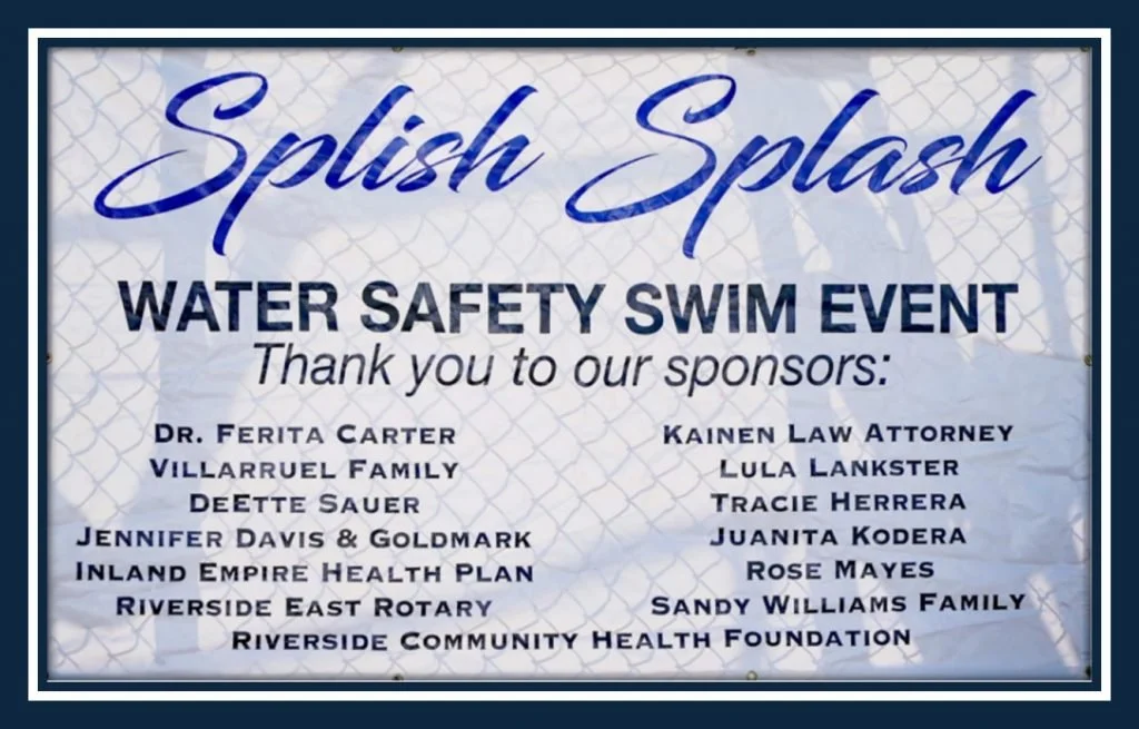 Poster for 'Splish Splash' water safety swim event listing sponsors' names.