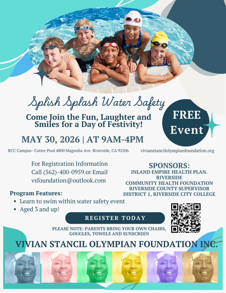 Group of five children in swim goggles and caps at swimming pool, smiling, promoting a water safety event on May 30, 2026, from 9 AM to 4 PM.