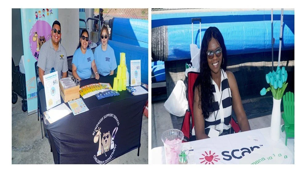 Two women at a table with a ballot supporter banner and a woman at another table with a SCAN banner.