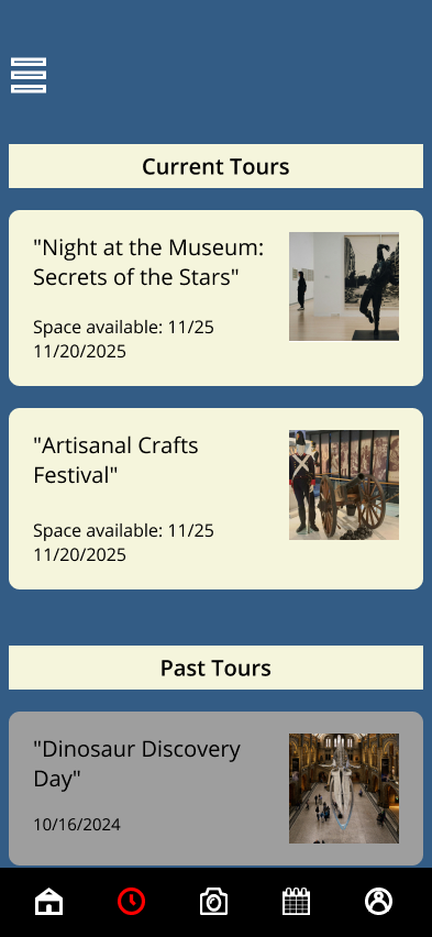 Events page screen with two options of tours.