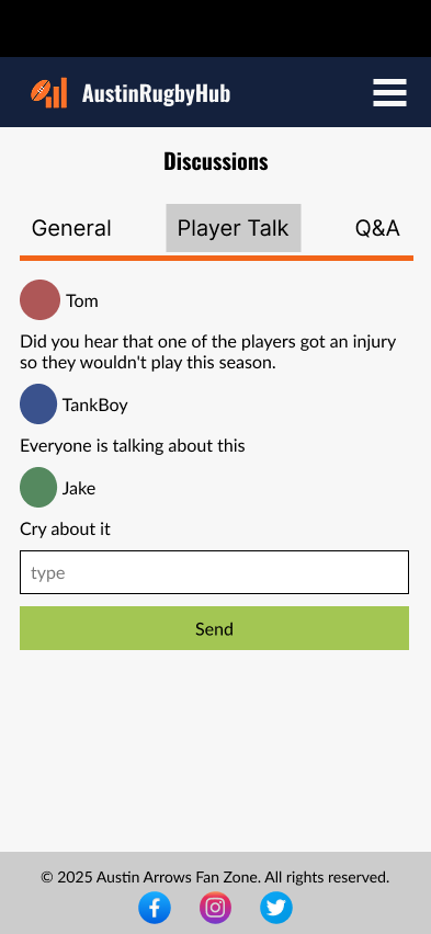 Discussion page screen with three categories of chat.