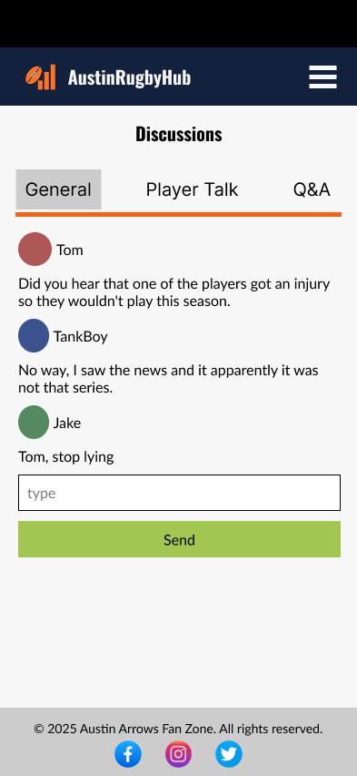 Discussion page screen with three categories of chat.