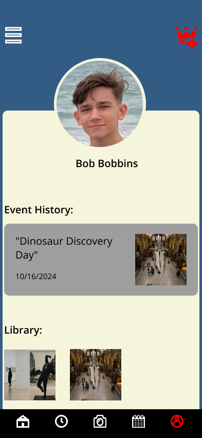 Profile page screen with images and categories.