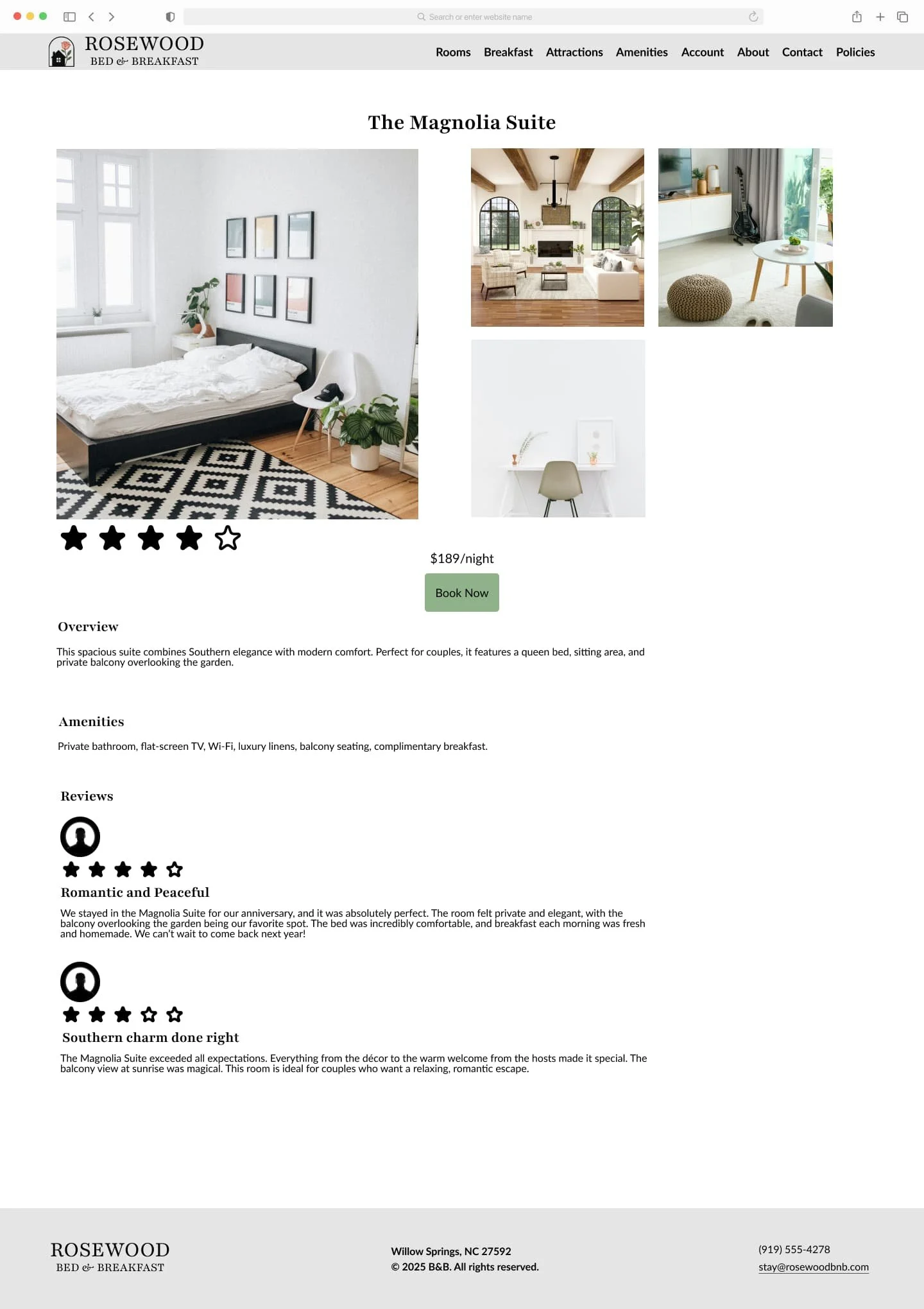 Room page screen showing a price, description and reviews.
