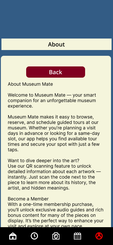 About page screen with text and back button.