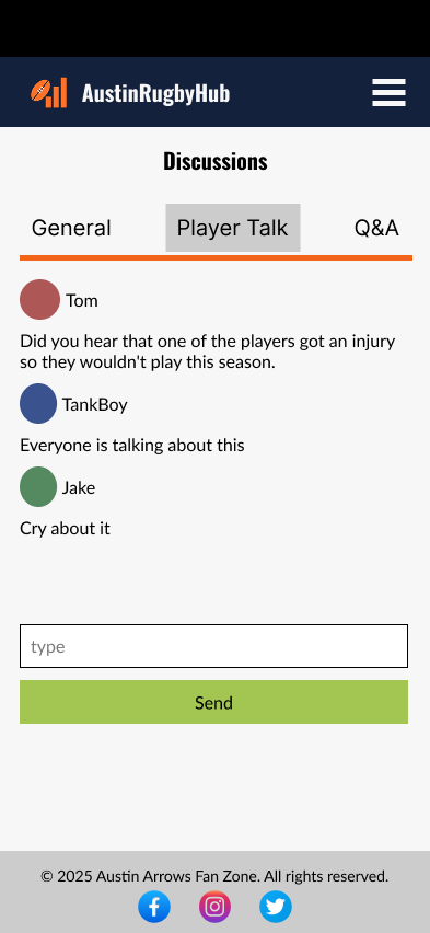 Discussion page screen with three categories of chat.