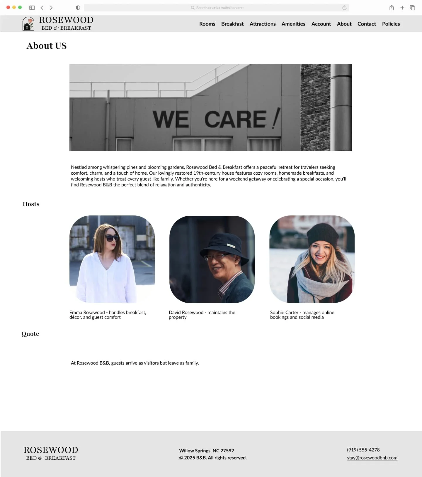 About Us page screen that shows a paragraph and images of hosts.