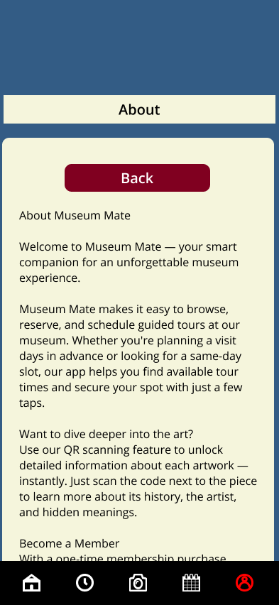 About page screen with text and back button.