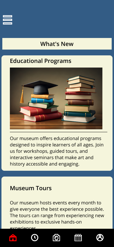Home page screen with different sections of information.