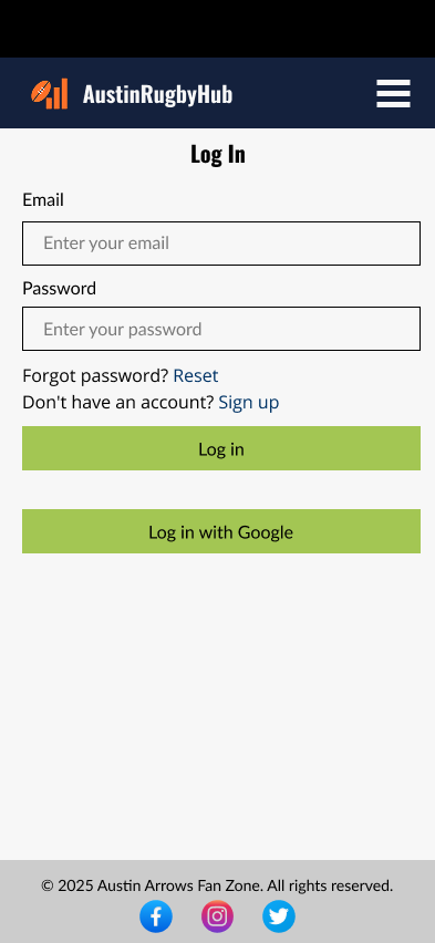 Log in page screen with text boxes for email and password.