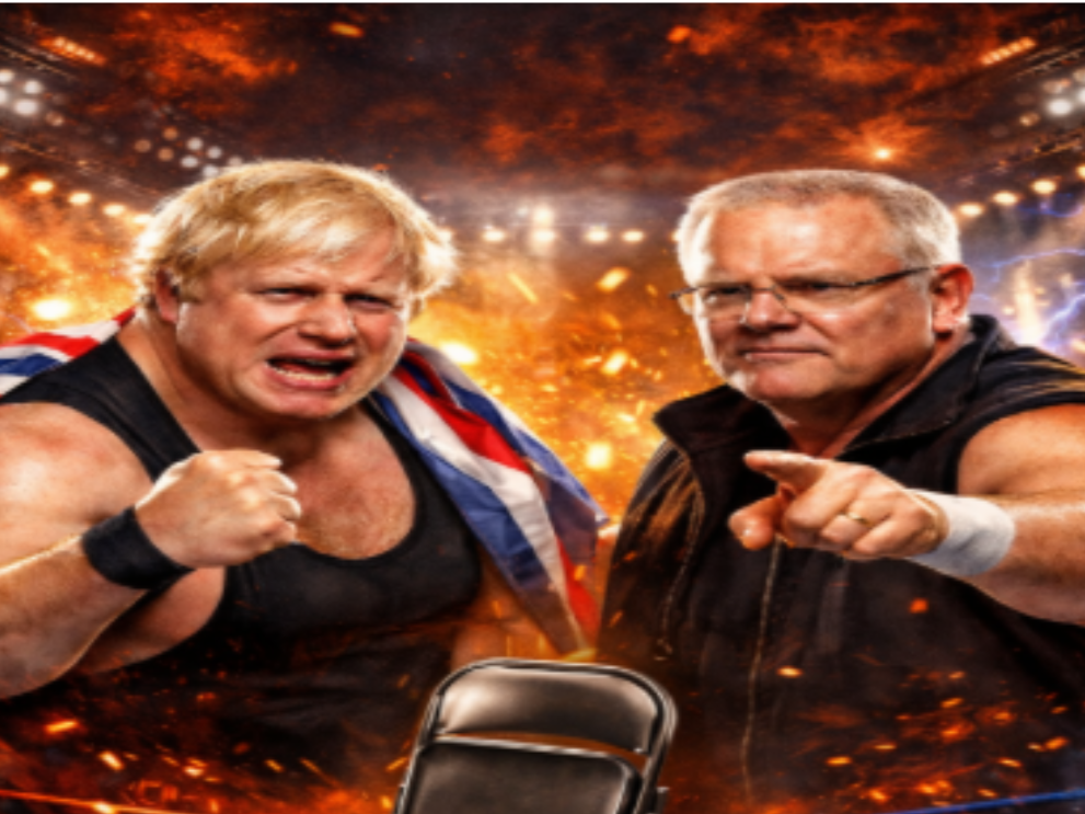 Local Primary School Carnival abandoned after ScoMo and BoJo tag team arrives: ‘I don’t hold a hose mate, but I can hold a steel chair!’