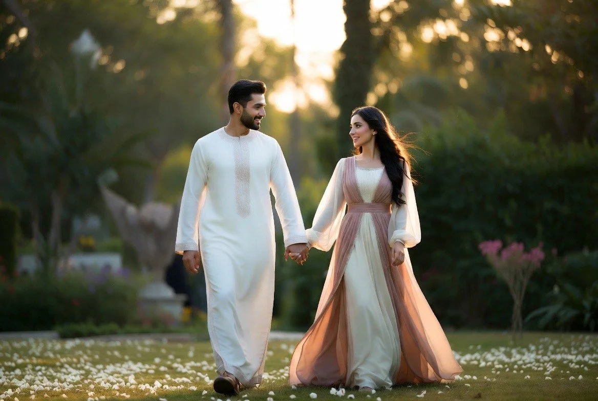 A man and woman in traditional attire walking hand in hand outdoors during sunset, surrounded by greenery and flower petals on the ground.