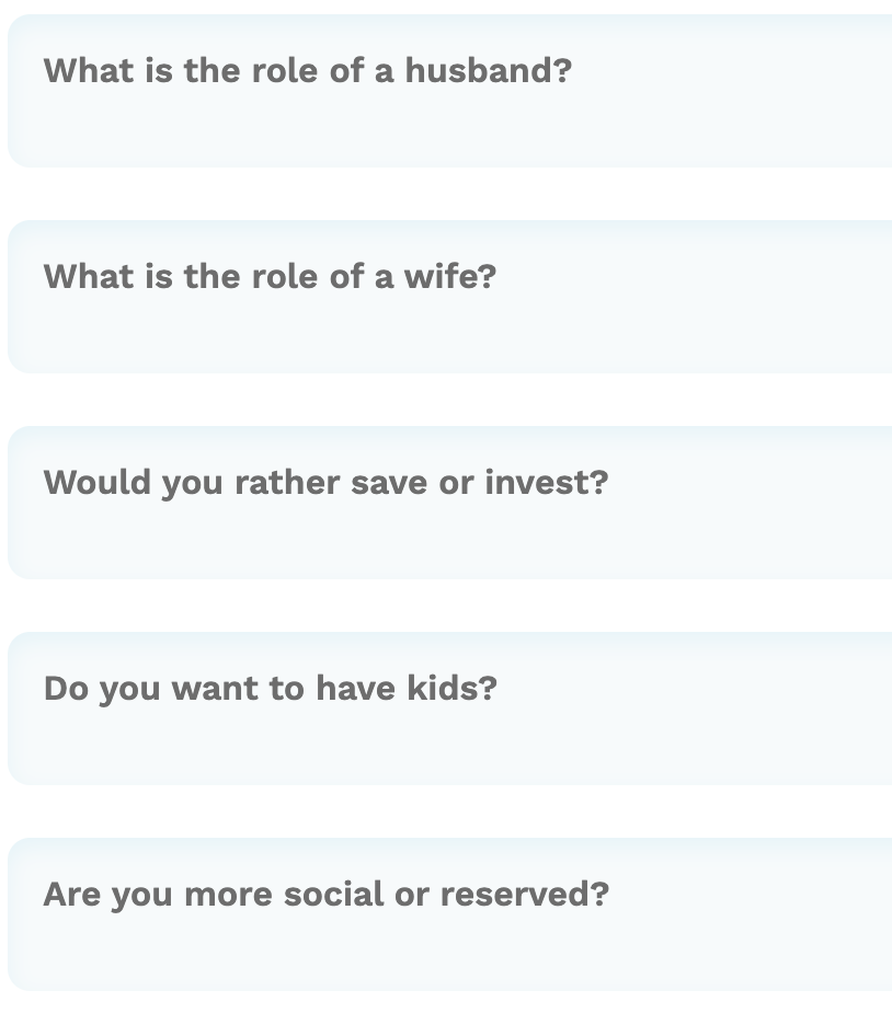 A questionnaire with questions about relationships, saving or investing, having kids, and social preferences.