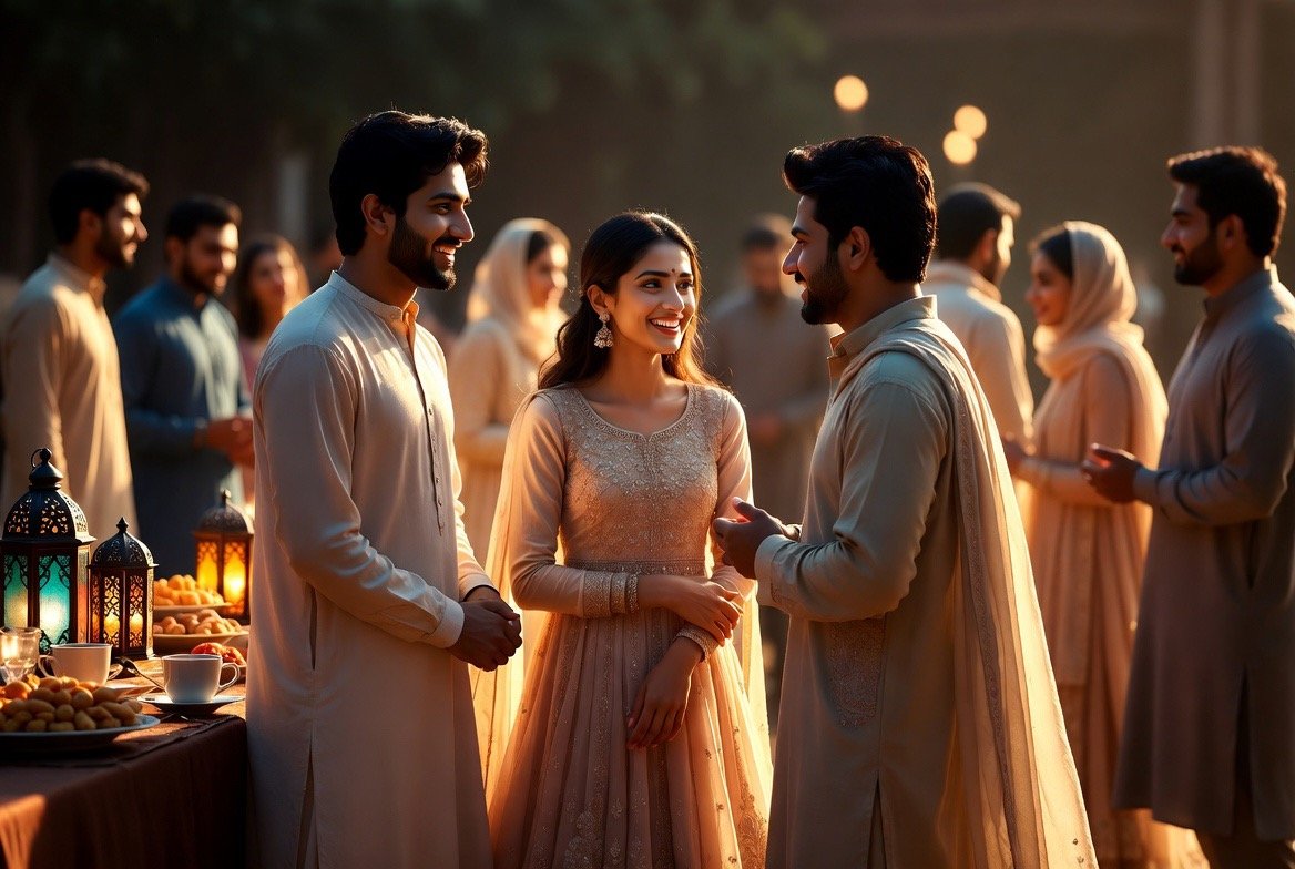 A group of people celebrating outdoors at sunset, with three main individuals in traditional attire, engaging in conversation, surrounded by lanterns and festive decorations.