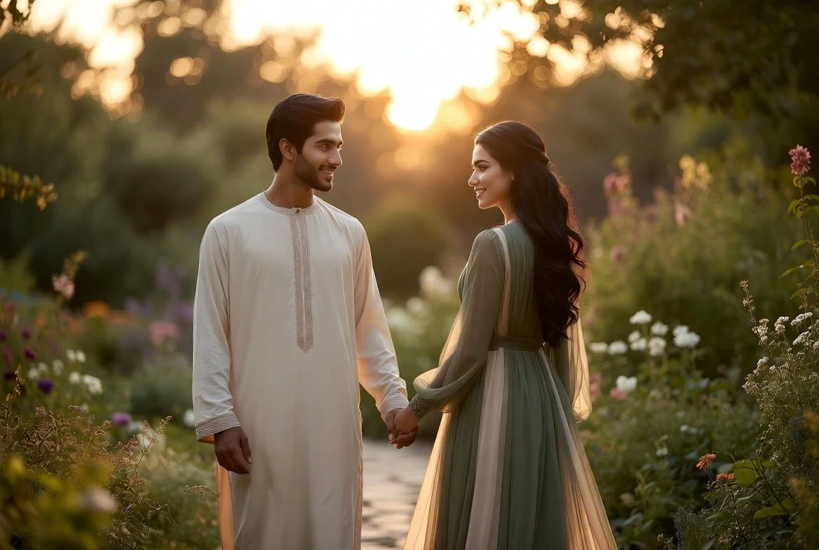 A couple holding hands and smiling at each other in a garden at sunset, dressed in traditional attire.