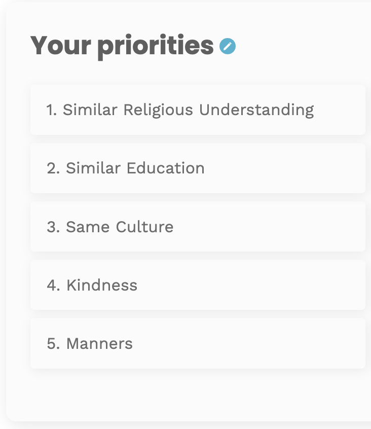 List titled 'Your priorities' with five items: Similar Religious Understanding, Similar Education, Same Culture, Kindness, Manners.