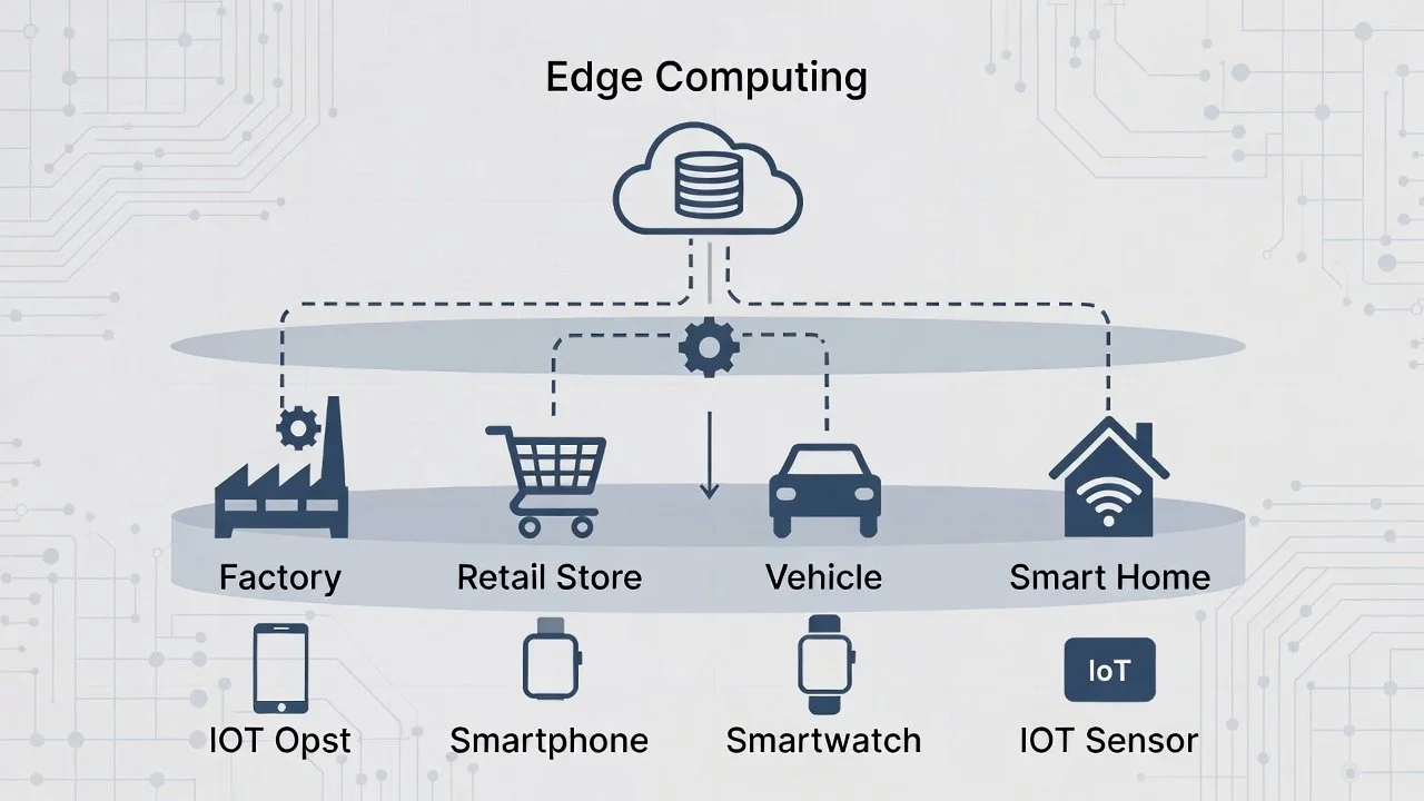 Diagram showing the connection between edge computing and smart technology applications such as factories, retail stores, vehicles, and smart homes, with devices like smartphones, smartwatches, IoT sensors, and IoT OPFs.