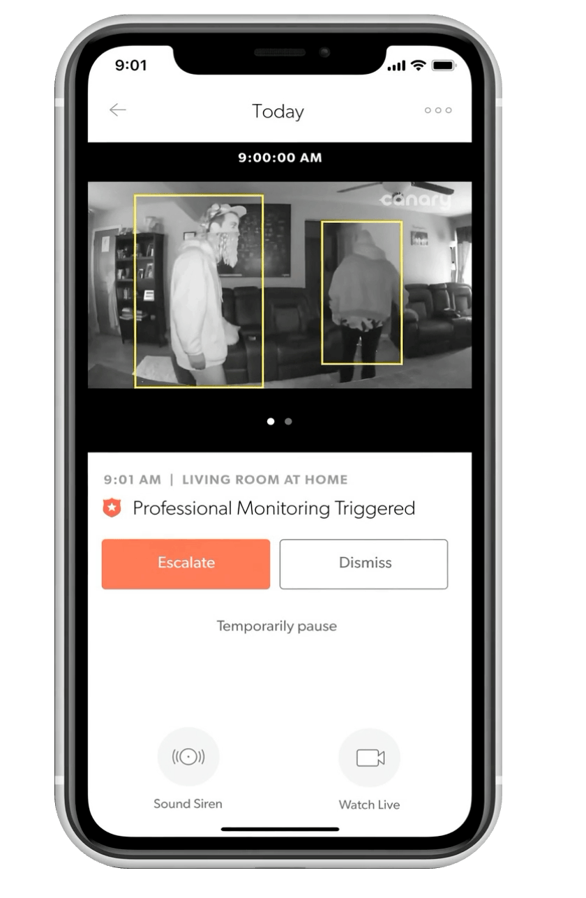 Smartphone screen showing a home security app with a live black-and-white video of two people in a living room, alert notification for professional monitoring triggered, options to escalate or dismiss, and controls for sound siren and live view.