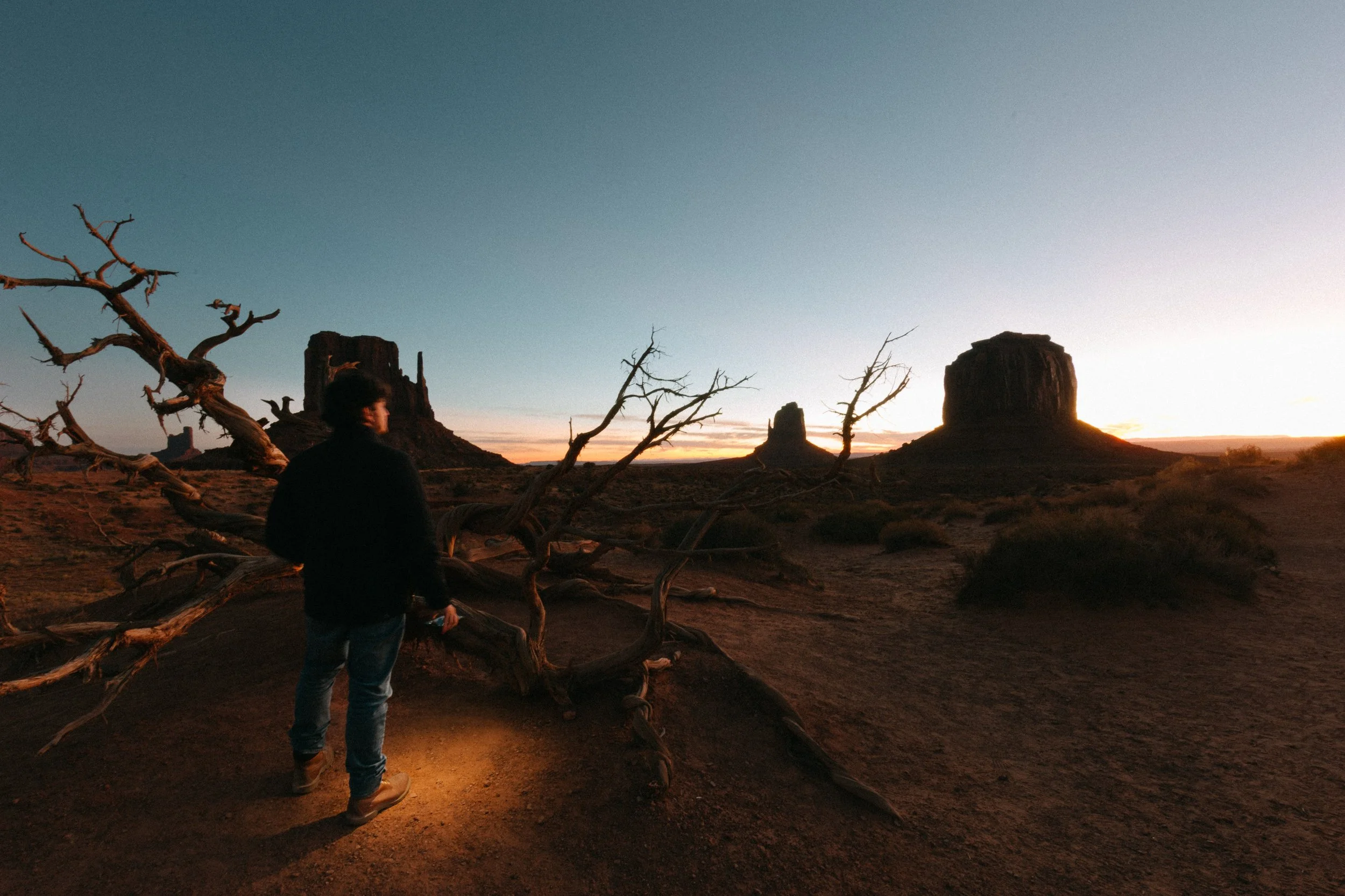 A person walking in a desert landscape at sunset with large rock formations and leafless trees.