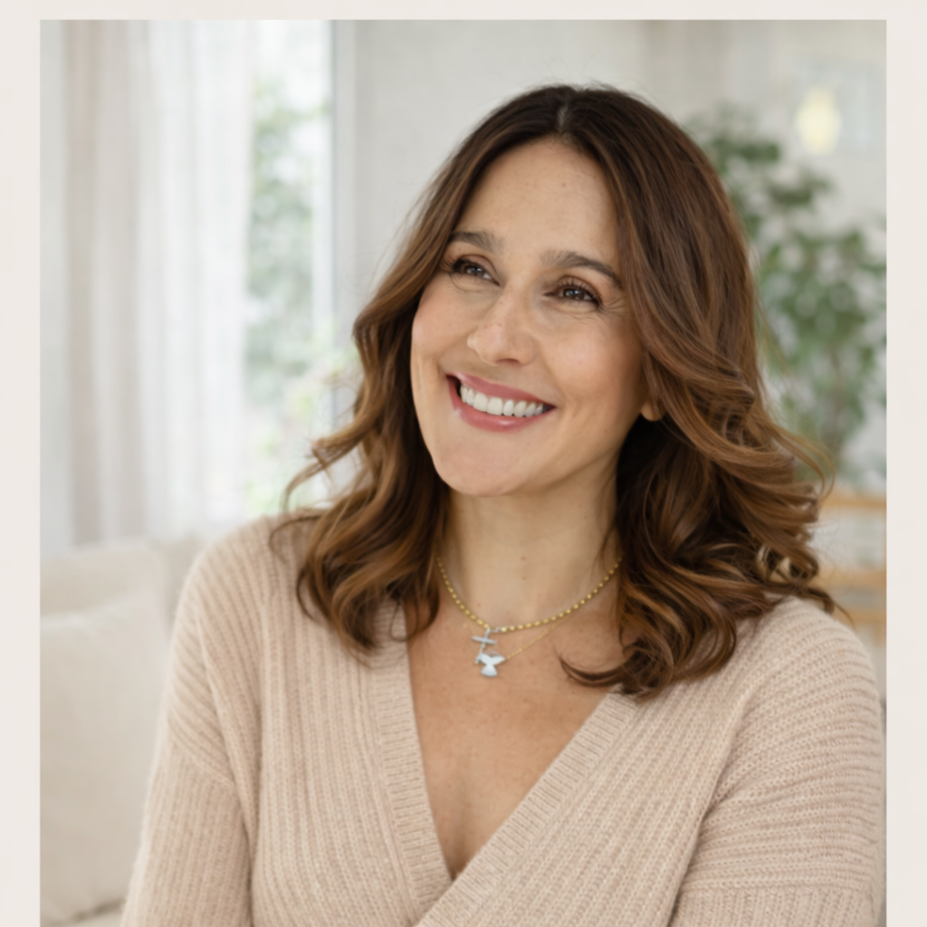 Mulher sorridente com cabelos castanhos, usando suéter bege e dois colares, sentada em ambiente claro com plantas ao fundo.