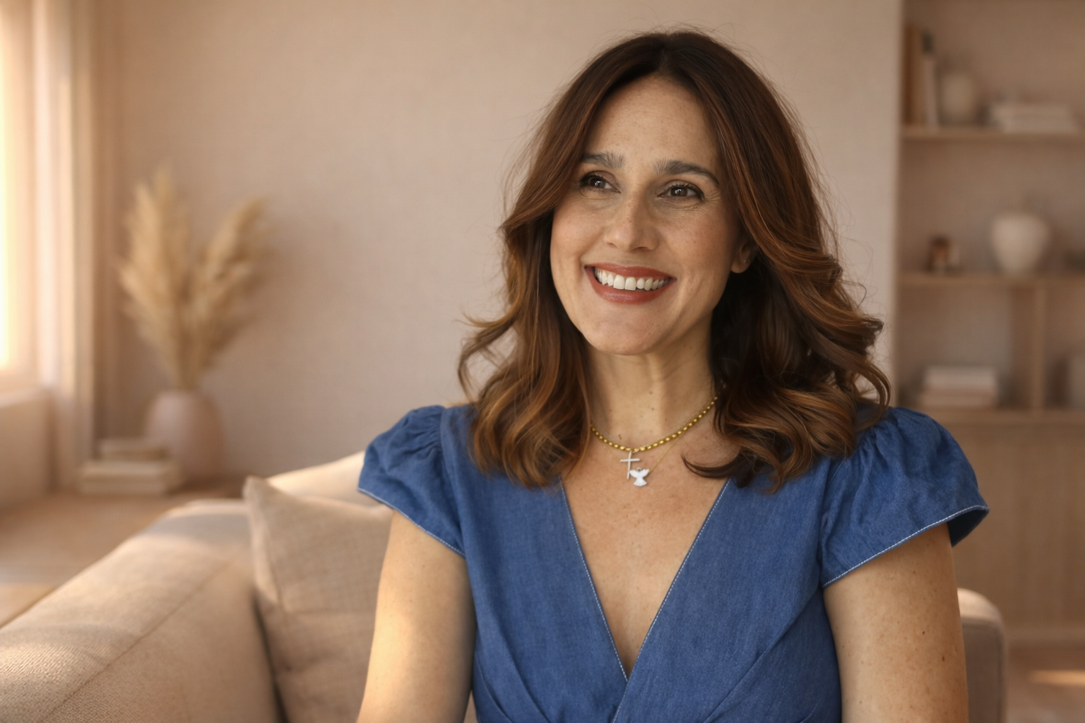 Mulher de cabelo castanho avermelhado, sorrindo, usando um vestido azul e duas correntes, uma com uma cruz e outra com um anjo, em um ambiente com decoração neutra e uma janela ao fundo.