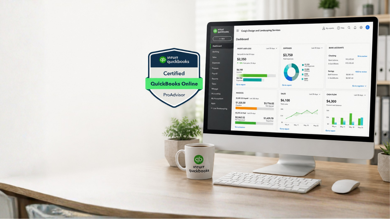 Laptop displaying the QuickBooks Online dashboard with Certified QuickBooks Online ProAdvisor badge, representing professional bookkeeping, cleanup, and financial management services.