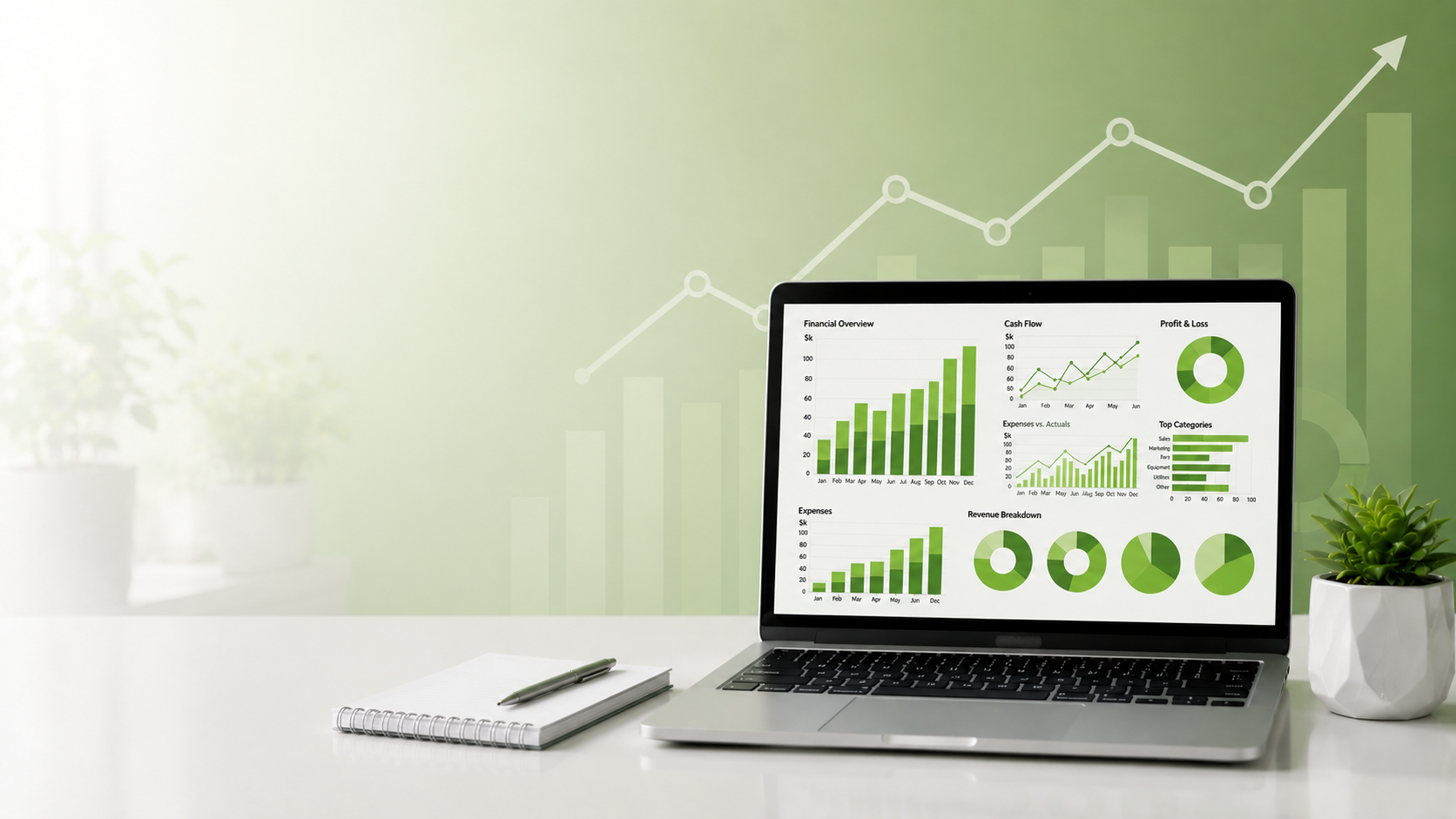 Fractional controller financial dashboard displayed on a laptop in a modern office workspace, representing financial reporting, cash flow analysis, and business advisory services.