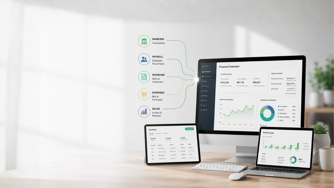 Modern accounting workspace with connected financial systems feeding into a centralized accounting dashboard, representing accounting system alignment, software transitions, and organized financial records.